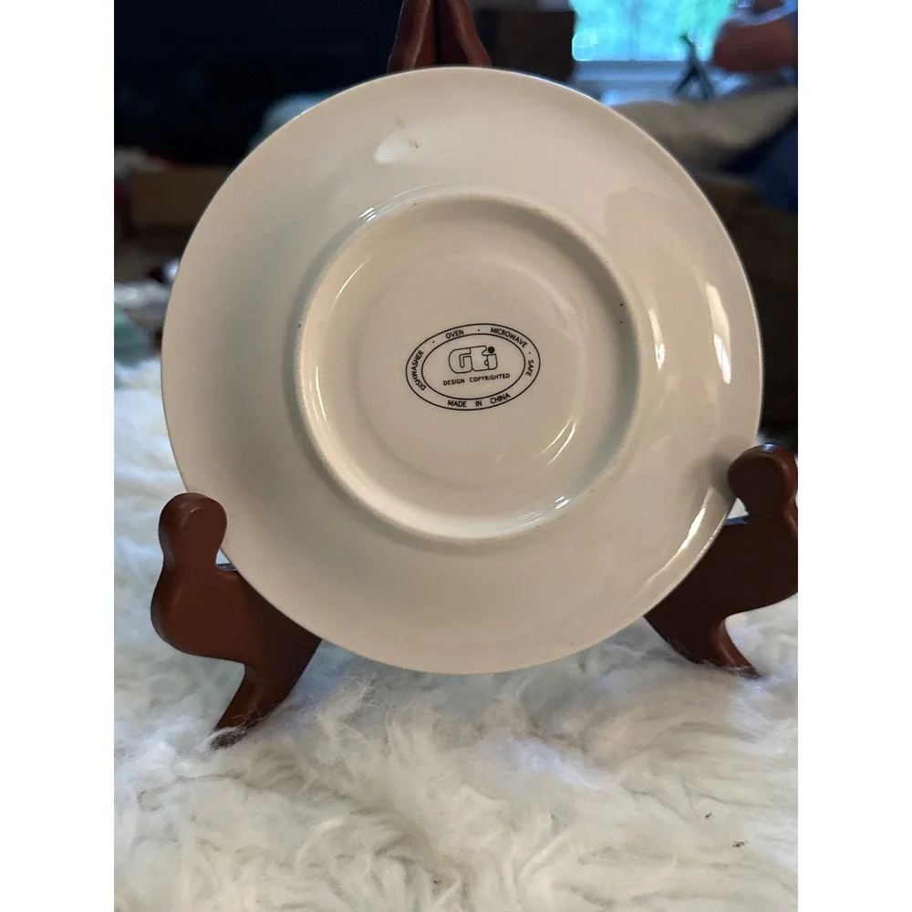 GTI White Ceramic Saucer Embossed Floral Berry Rim Green Trim 6 Inch Tea Plate